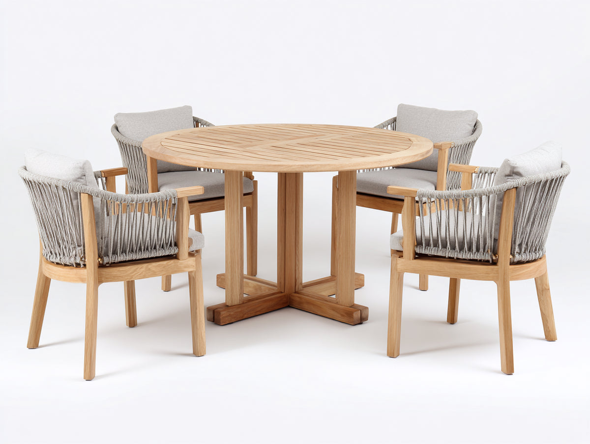 Conjuntos de comedor de jardín de madera 130 x 130 x 75 cm - marrón natural y gris claro - mesa redonda con 4 sillones