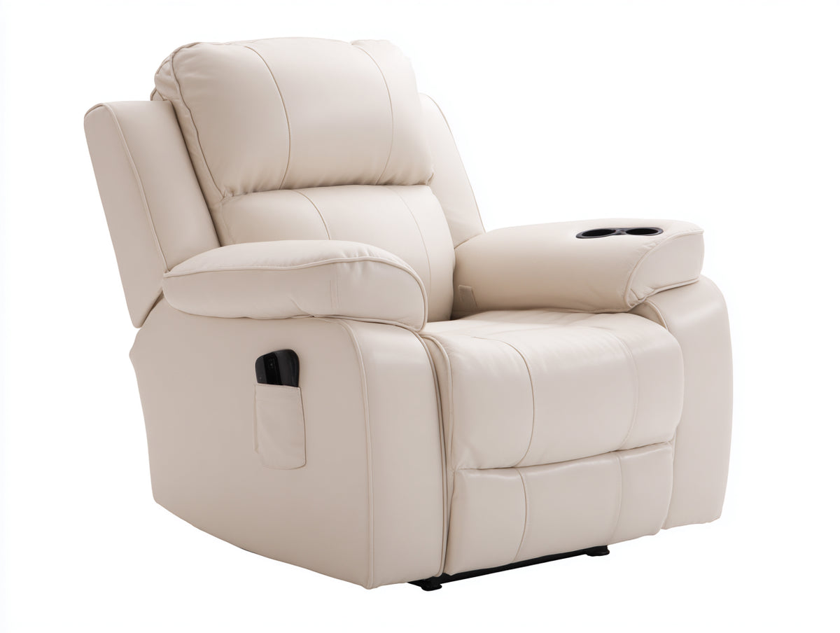 Sillones reclinables tapizado en cuero sintético crema 100 x 96 x 105 cm - Reclinación eléctrica con portavasos y mando