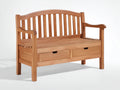 Bancos de jardín de madera 135 x 62 x 96 cm - madera natural - diseño clásico con respaldo de listones y 2 cajones inferiores