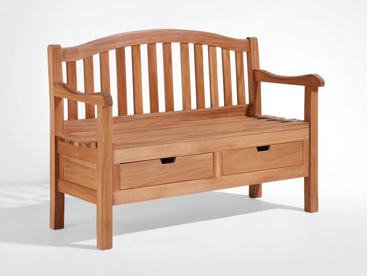 Bancos de jardín de madera 135 x 62 x 96 cm - madera natural - diseño clásico con respaldo de listones y 2 cajones inferiores
