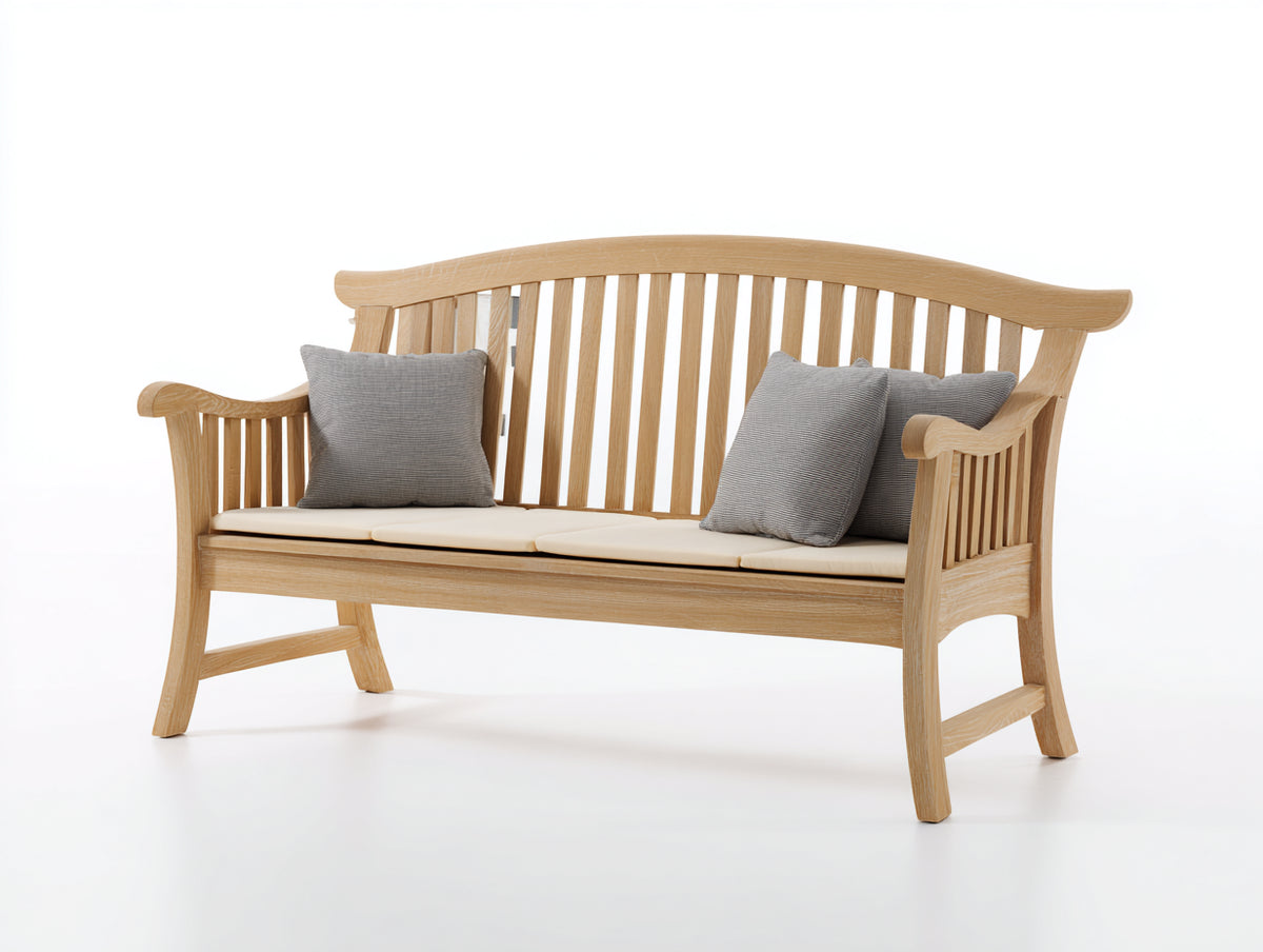 Bancos de jardín de madera 160x68x92 cm - madera natural y crema - respaldo curvo de listones con reposabrazos