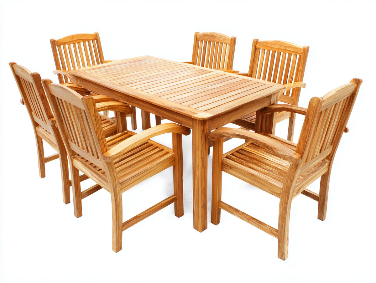 Conjuntos de comedor de jardín de madera maciza 180x100x75 cm - madera natural - mesa rectangular con 6 sillas