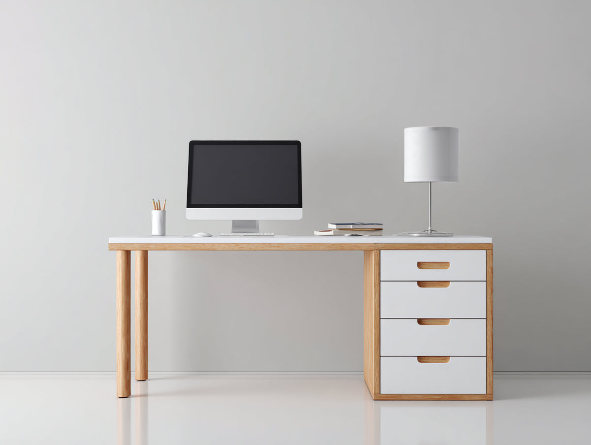 Mesas de oficina de madera 160 x 60 x 75 cm - blanco y madera natural - diseño moderno con 4 cajones integrados
