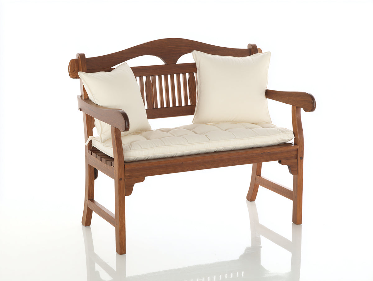 Bancos de jardín de madera 125x65x90 cm - Marrón y crema - Respaldo decorativo con reposabrazos y asiento acolchado
