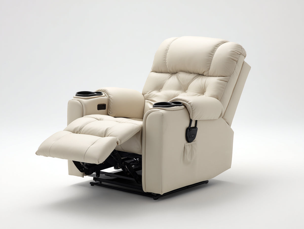 Sillones reclinables tapizados 97 x 95 x 106 cm - beige claro - con reposapiés extensible 4 portavasos y bolsillo lateral