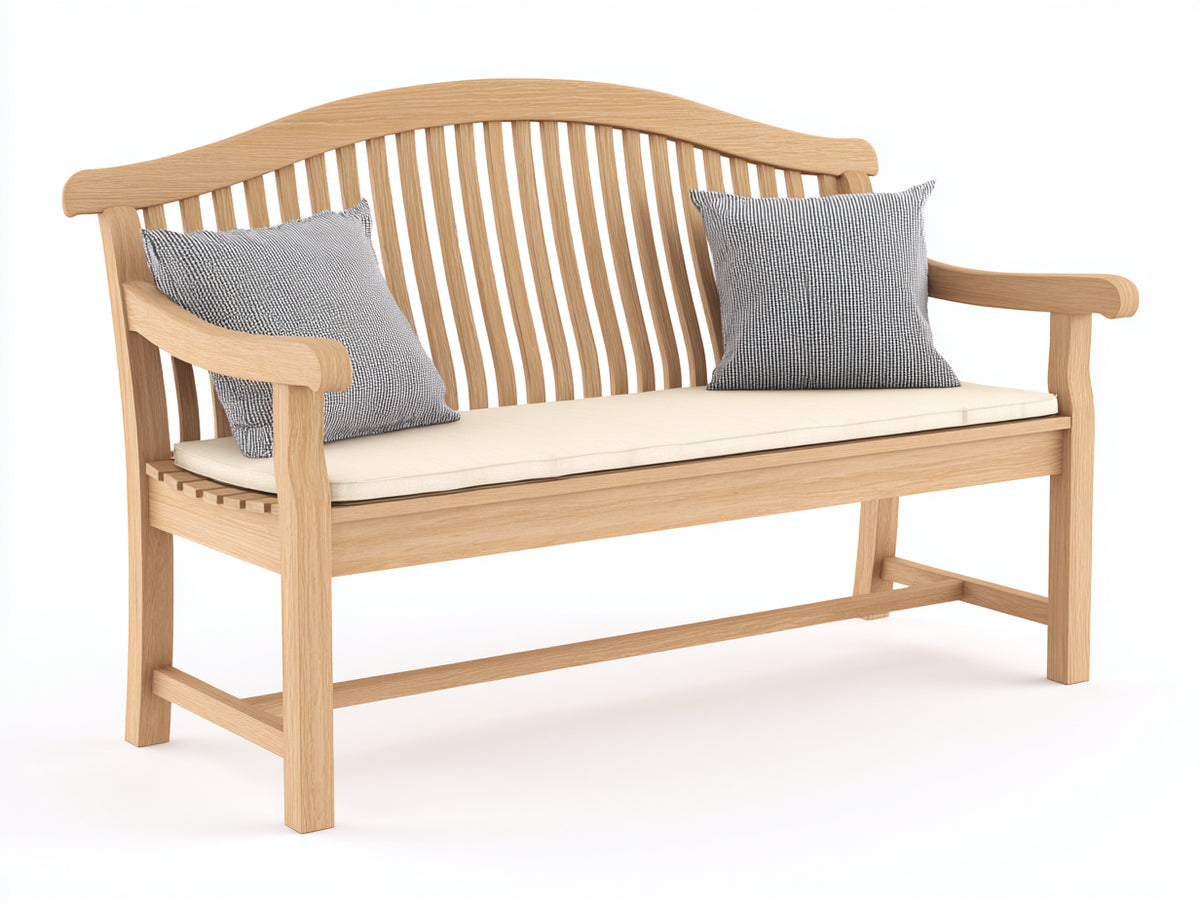 Bancos de jardín de madera 150x65x95 cm - Madera natural y beige - Respaldo curvo de listones con reposabrazos