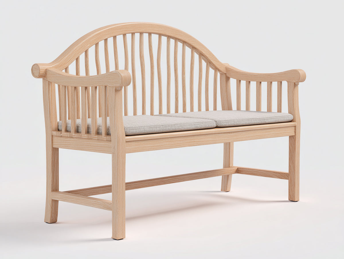 Bancos de jardín de madera 150x65x95 cm - Madera natural y beige - Respaldo alto curvo con reposabrazos y asiento acolchado