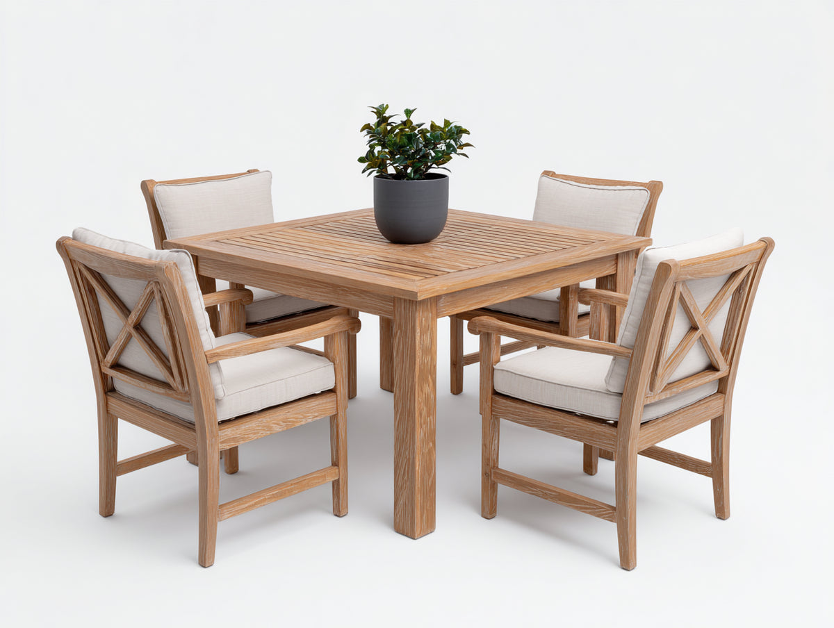 Conjuntos de comedor de jardín de madera 110 x 110 cm - Madera natural y blanco roto - Mesa cuadrada con 4 sillas