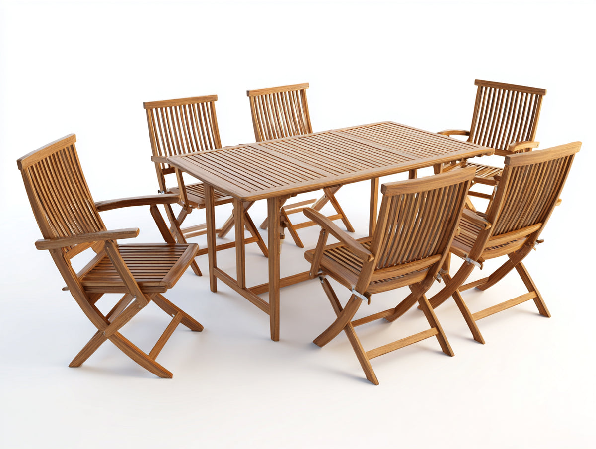 Conjuntos de comedor de jardín de madera 150 x 90 x 74 cm - marrón - mesa rectangular con 6 sillas plegables