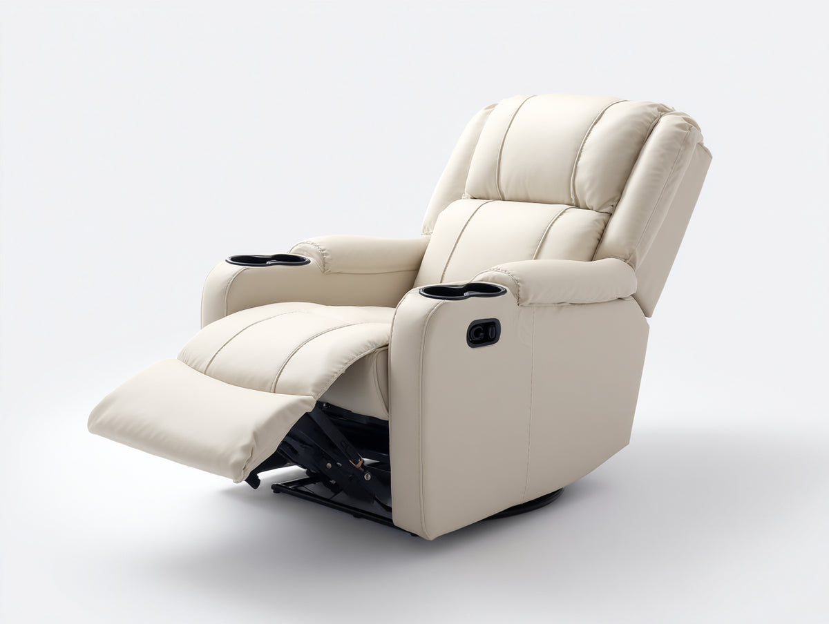 Sillones reclinables de piel sintética 103x97x106 cm - beige claro - reposapiés extensible con portavasos dobles y base giratoria