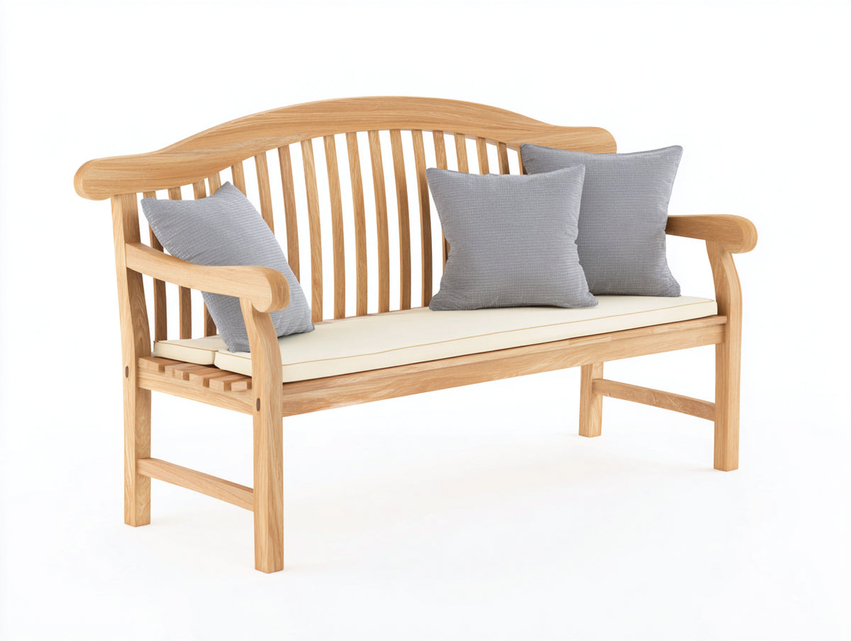 Bancos de jardín de madera 165 x 67 x 94 cm - madera natural y beige - diseño clásico con respaldo curvo de listones y asiento acolchado