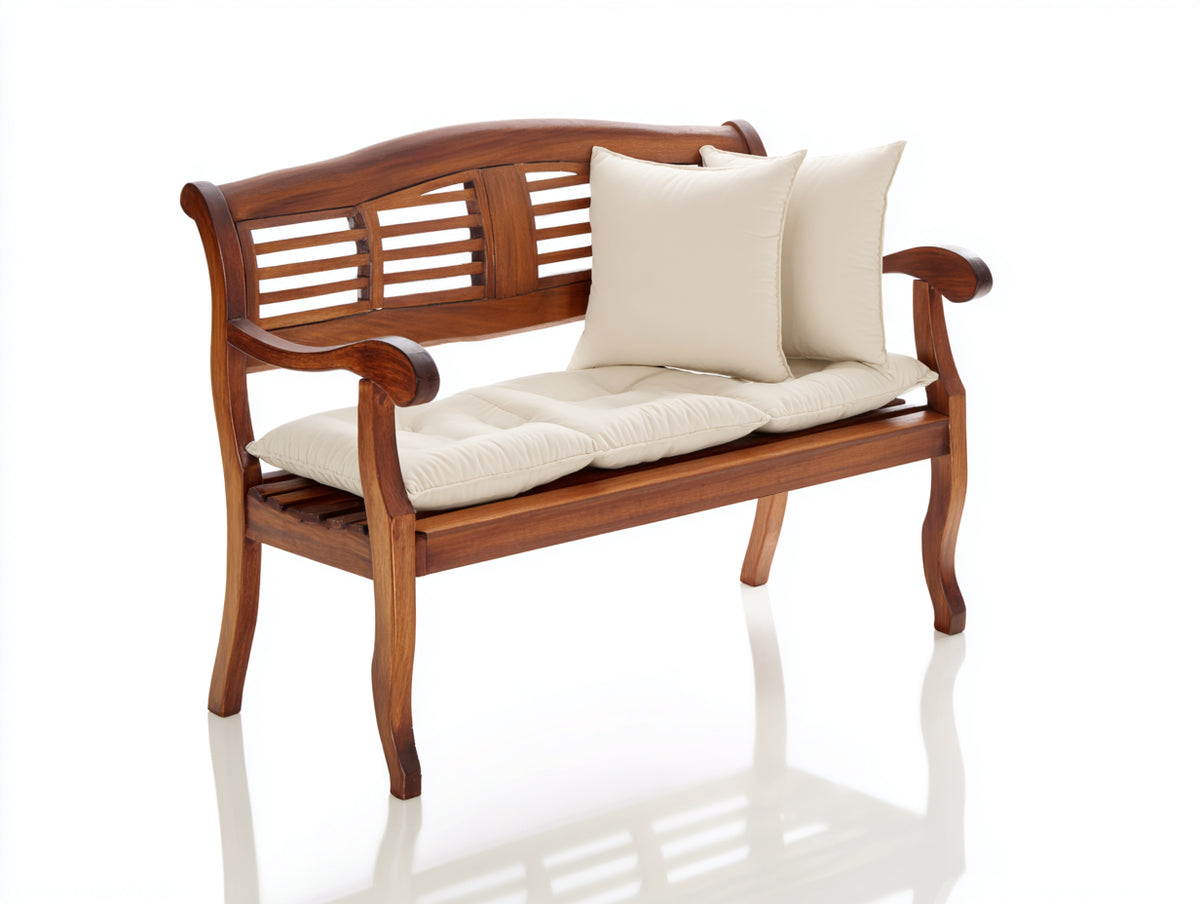 Bancos de jardín de madera 145x62x88 cm - marrón y crema - respaldo curvo con listones horizontales y reposabrazos